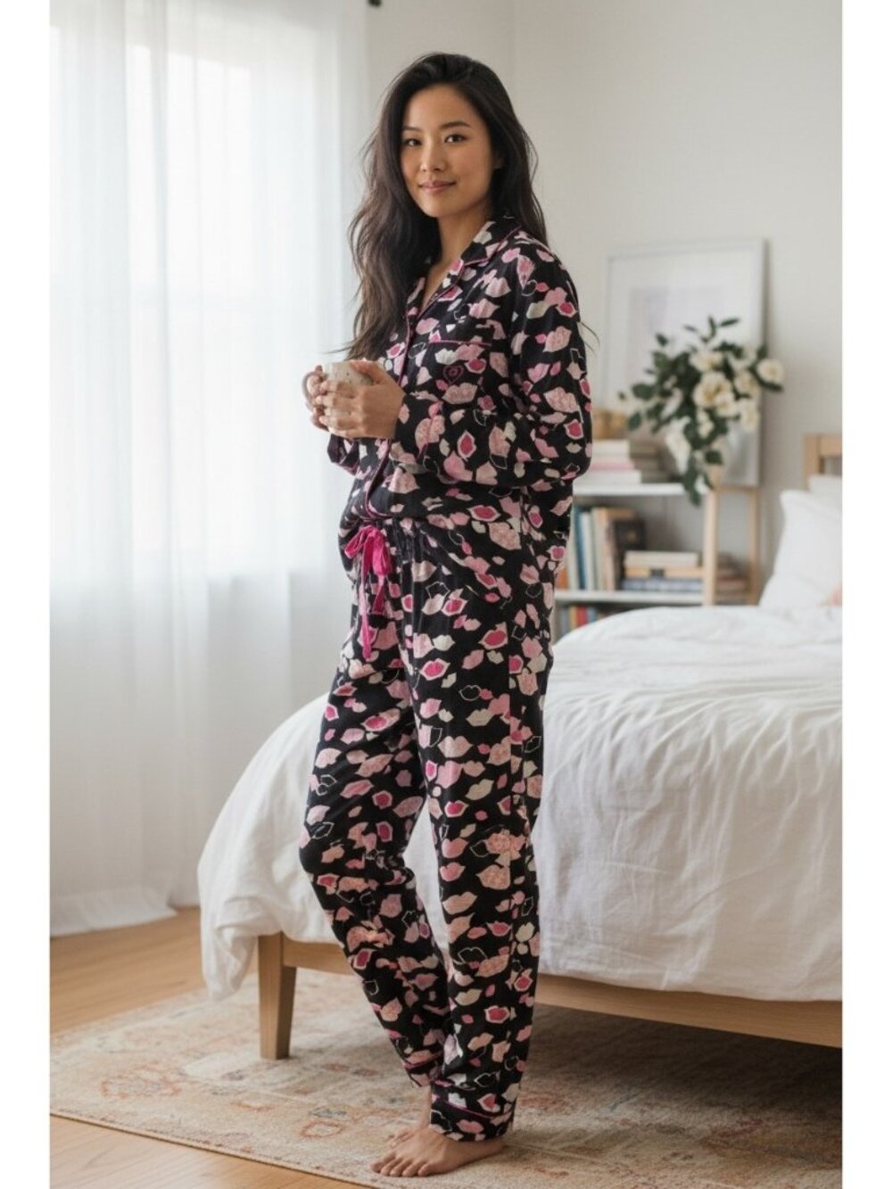 Victorias Secret After Party Flannel Lips Pajama Set XS Button Down Wide Leg Pan